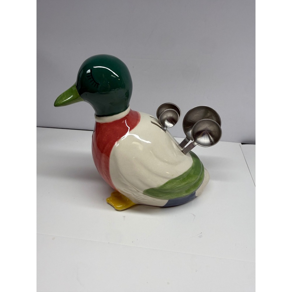 Vintage Ceramic Mallard Duck Measuring Spoon Holder Set with 4 Metal Spoons